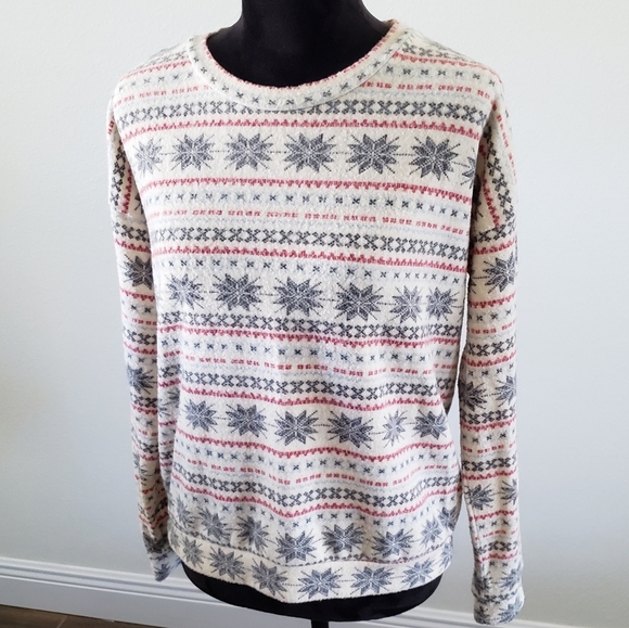 Pink Rose Cream Holiday Christmas Snowflake Fair Isle Sweater Size Large - Picture 2 of 7